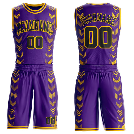 Custom Purple Black-Yellow Geometric Chevron Pattern Round Neck Sublimation Basketball Uniform Jersey - Main View