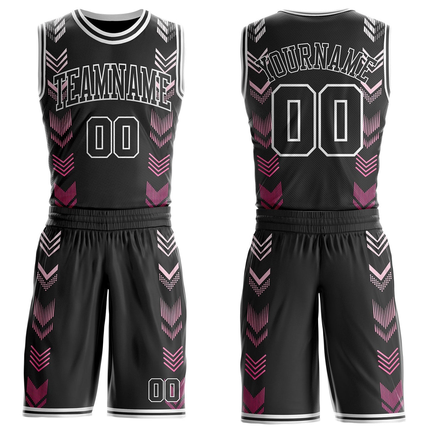 Custom Black-White Geometric Chevron Pattern Round Neck Sublimation Basketball Uniform Jersey - Main View