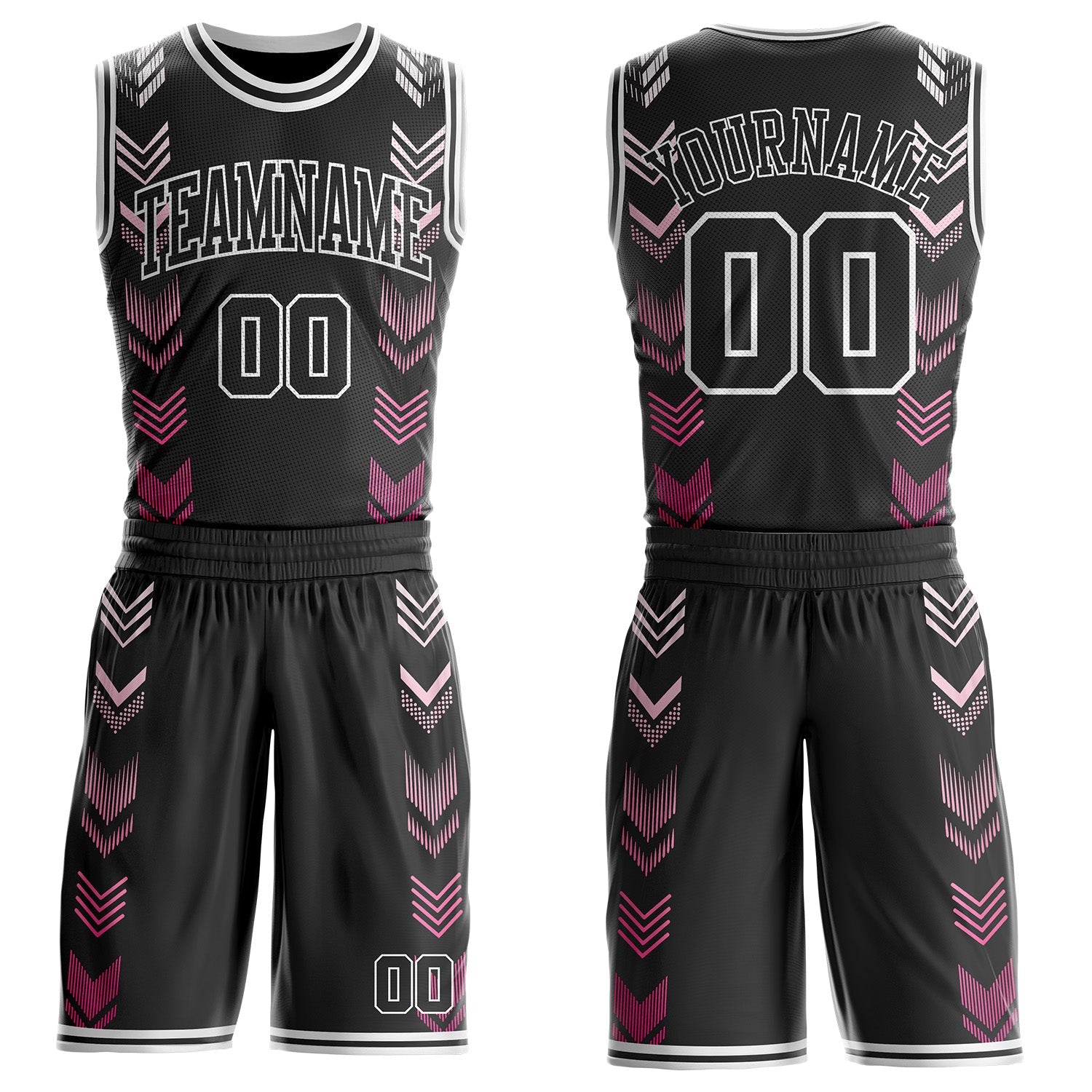 Custom Black-White Geometric Chevron Pattern Round Neck Sublimation Basketball Uniform Jersey - Main View