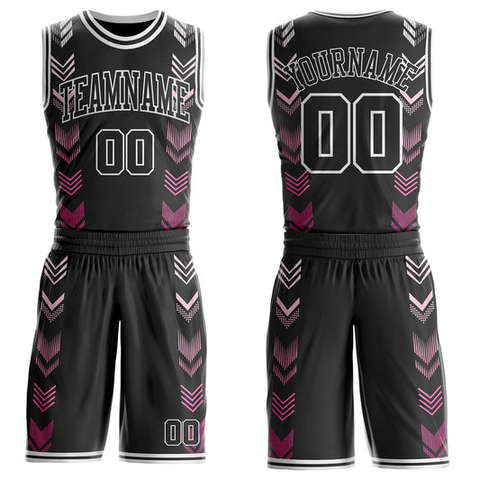 Custom Black-White Geometric Chevron Pattern Round Neck Sublimation Basketball Uniform Jersey - Main View