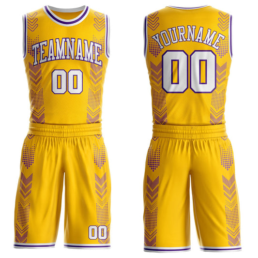 Custom Gold White-Purple Geometric Chevron Pattern Round Neck Sublimation Basketball Uniform Jersey - Main View