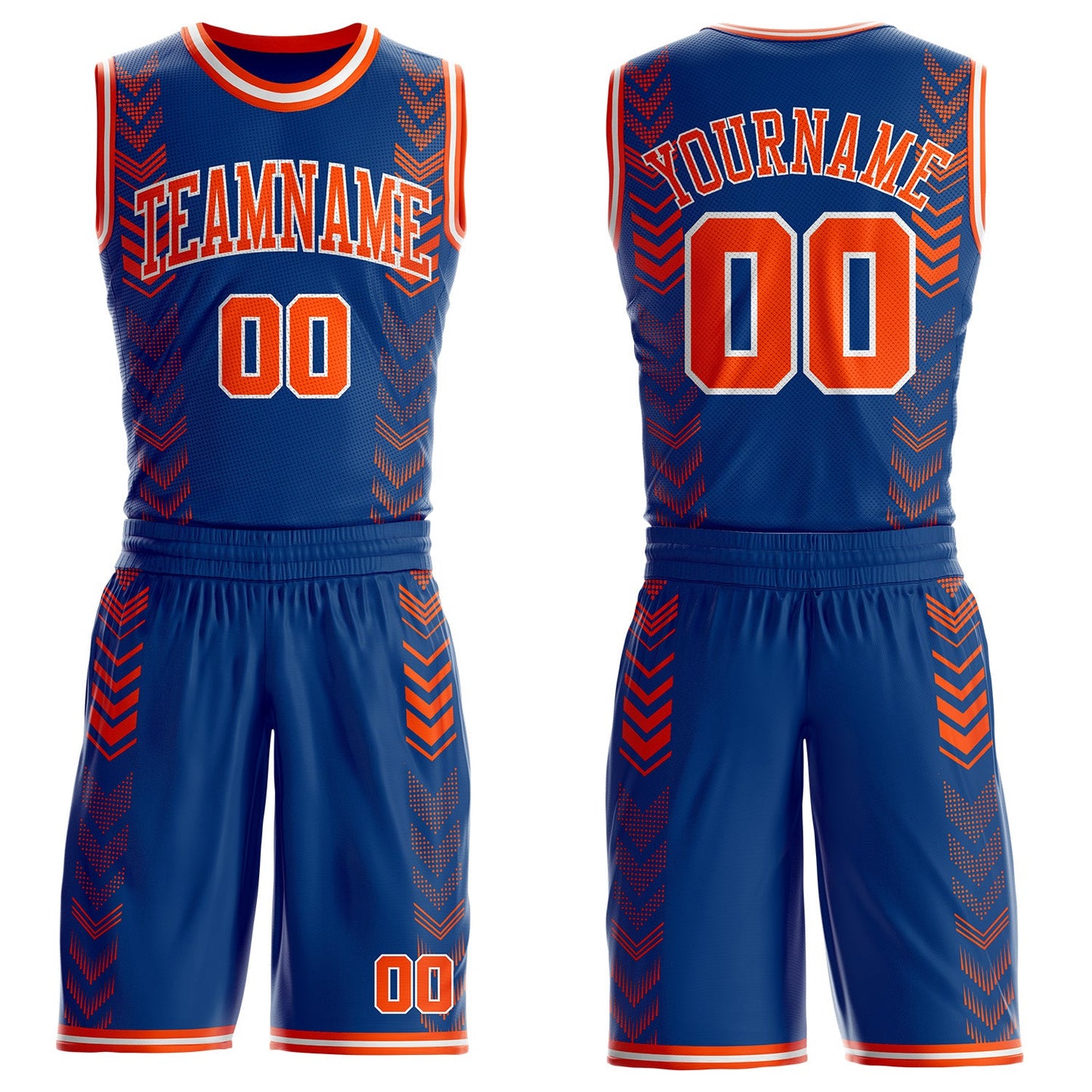 Custom US Navy Blue Orange-White Geometric Chevron Pattern Round Neck Sublimation Basketball Uniform Jersey - Main View