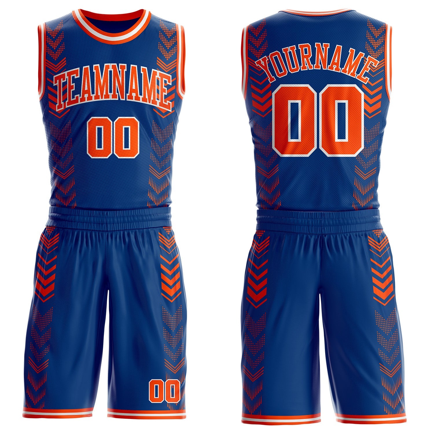 Custom US Navy Blue Orange-White Geometric Chevron Pattern Round Neck Sublimation Basketball Uniform Jersey - Main View