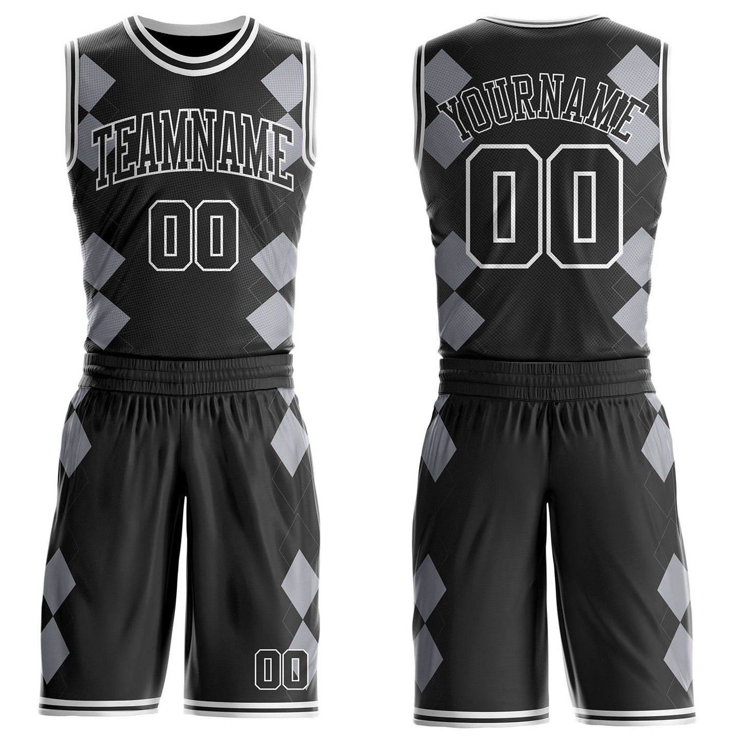 Custom Black Gray-White Geometric Diamond Grid Round Neck Sublimation Basketball Uniform Jersey - Main View