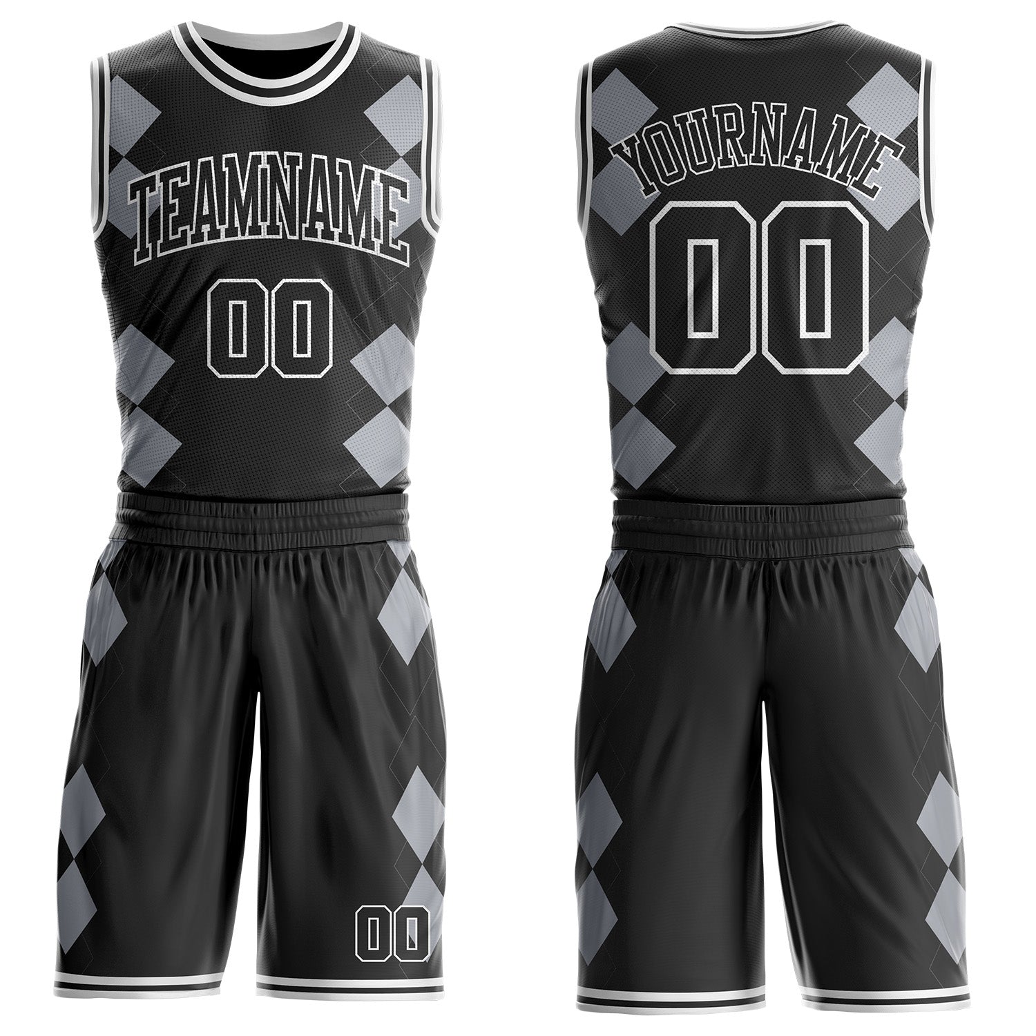 Custom Black Gray-White Geometric Diamond Grid Round Neck Sublimation Basketball Uniform Jersey - Main View