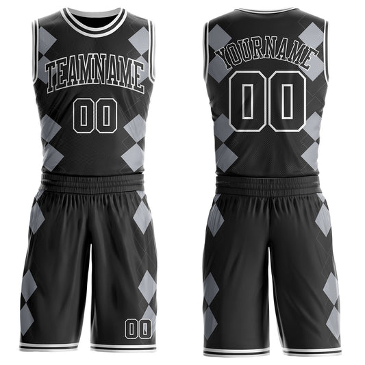 Custom Black Gray-White Geometric Diamond Grid Round Neck Sublimation Basketball Uniform Jersey - Main View