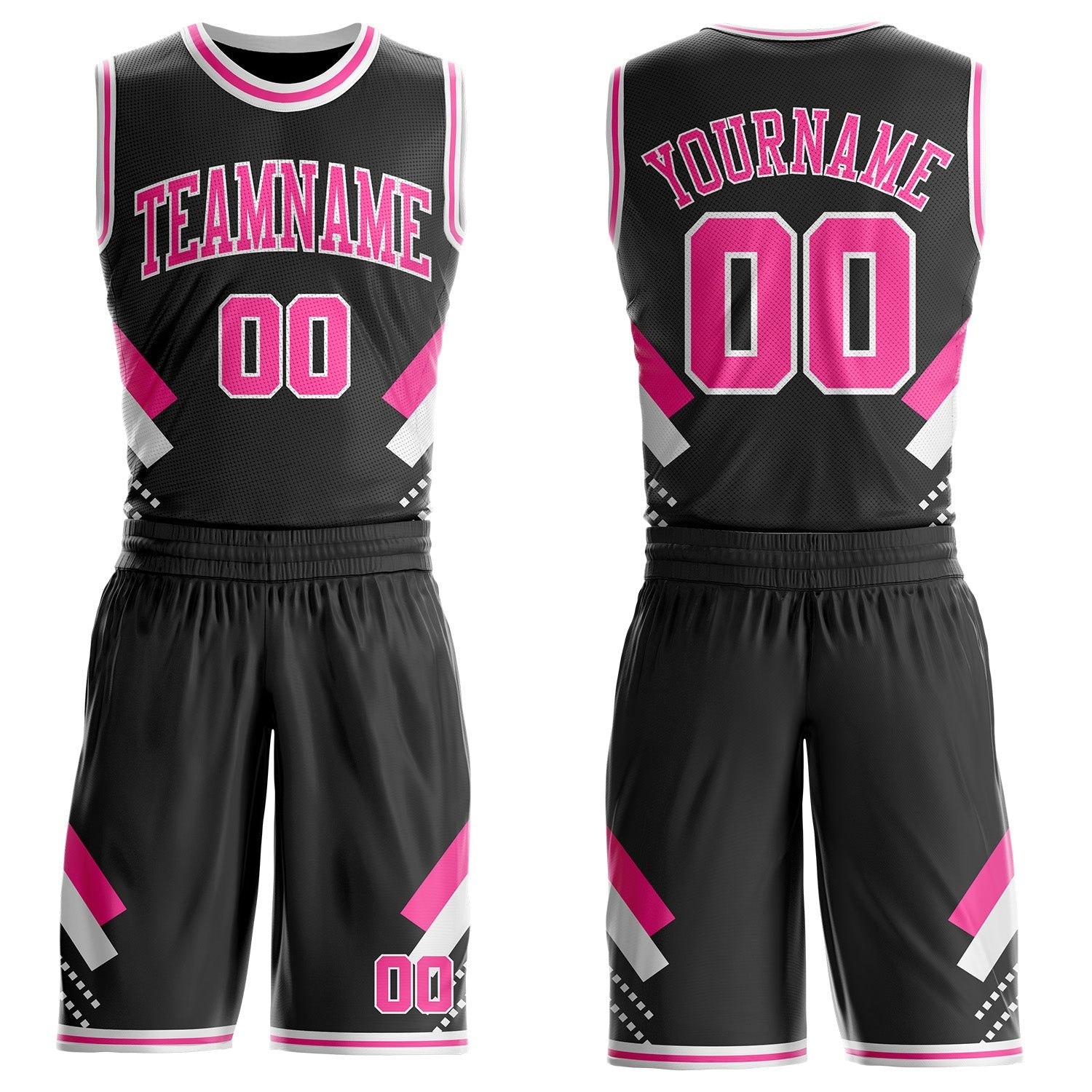 Custom Black Pink-White Geometric Stripes Round Neck Sublimation Basketball Uniform Jersey - Main View