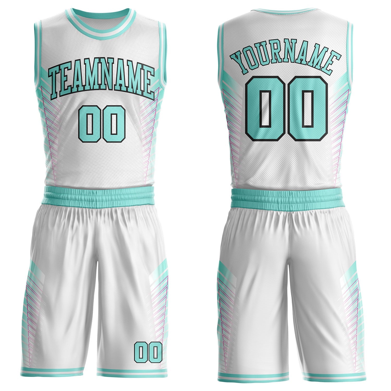 Custom White Ice Blue Hot Pink-Black Geometric Side Stripe Gradient Round Neck Sublimation Basketball Uniform Jersey - Main View
