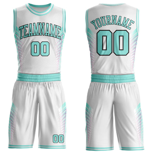 Custom White Ice Blue Hot Pink-Black Geometric Side Stripe Gradient Round Neck Sublimation Basketball Uniform Jersey - Main View