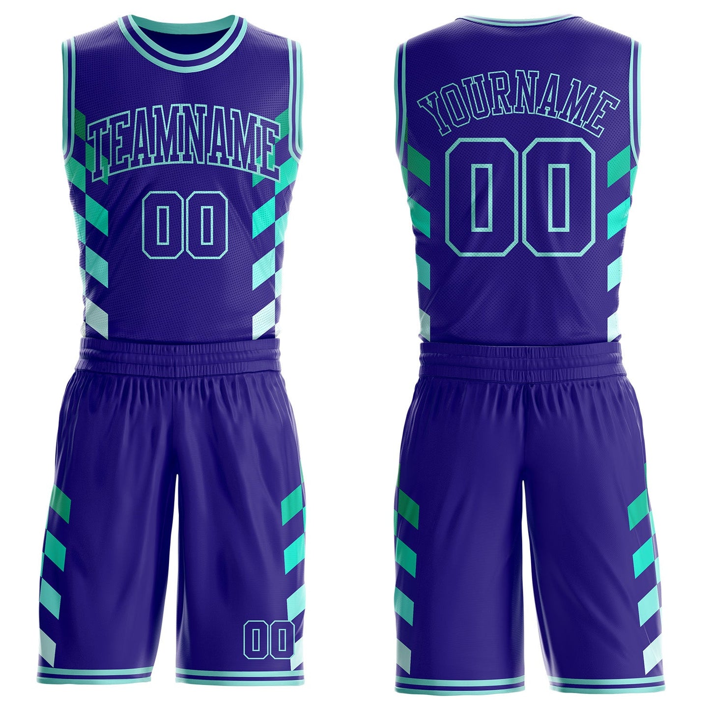 Custom Dark Purple-Ice Blue Geometric Side Stripe Gradient Round Neck Sublimation Basketball Uniform Jersey - Main View