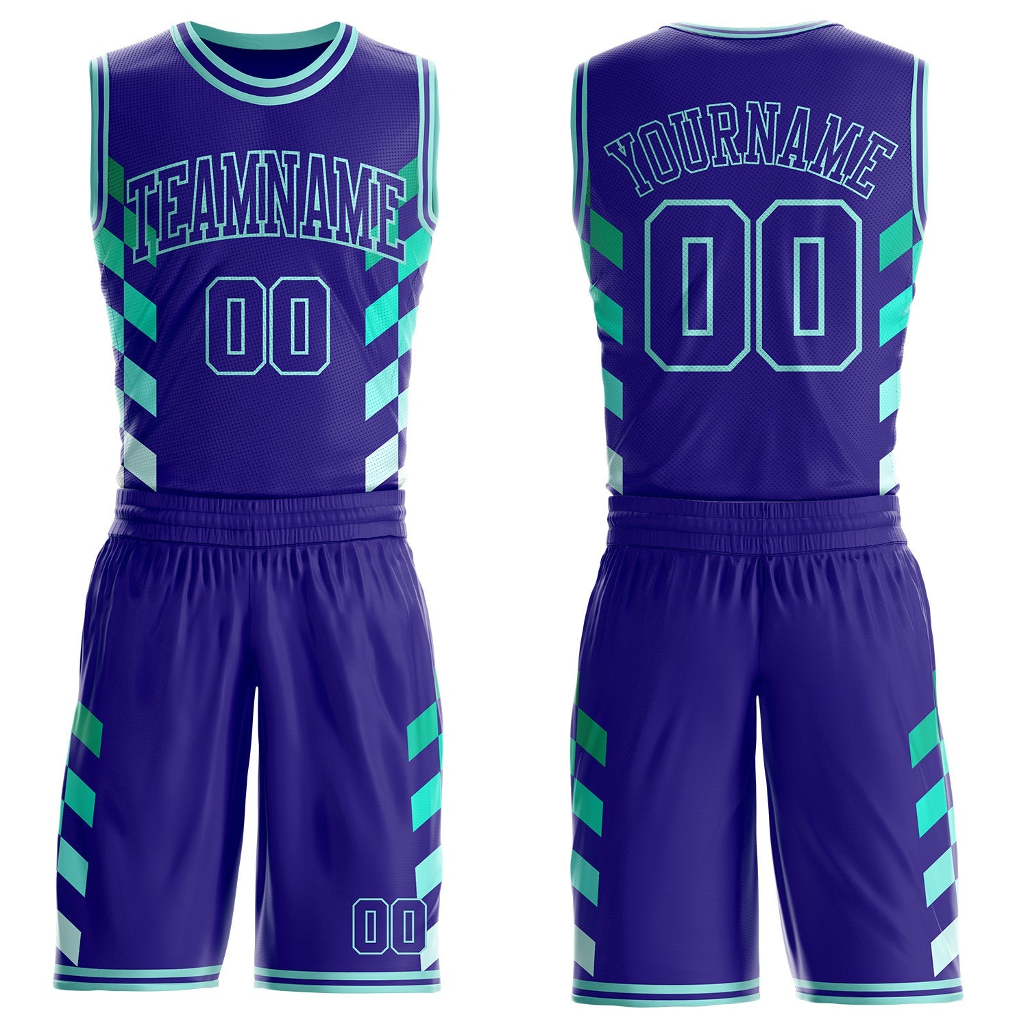 Custom Dark Purple-Ice Blue Geometric Side Stripe Gradient Round Neck Sublimation Basketball Uniform Jersey - Main View
