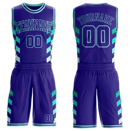 Custom Dark Purple-Ice Blue Geometric Side Stripe Gradient Round Neck Sublimation Basketball Uniform Jersey - Main View