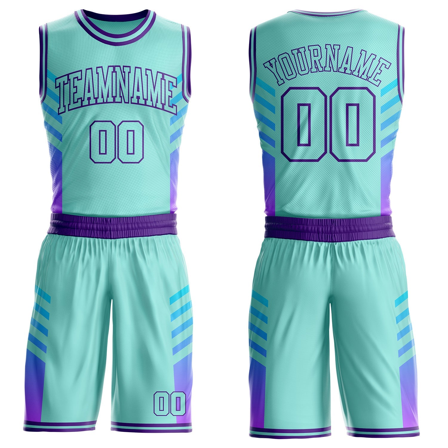 Custom Ice Blue-Purple Geometric Side Stripe Gradient Round Neck Sublimation Basketball Uniform Jersey - Main View