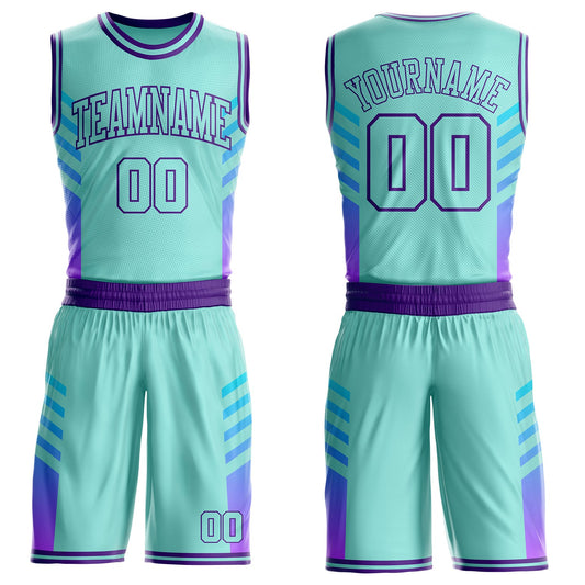 Custom Ice Blue-Purple Geometric Side Stripe Gradient Round Neck Sublimation Basketball Uniform Jersey - Main View