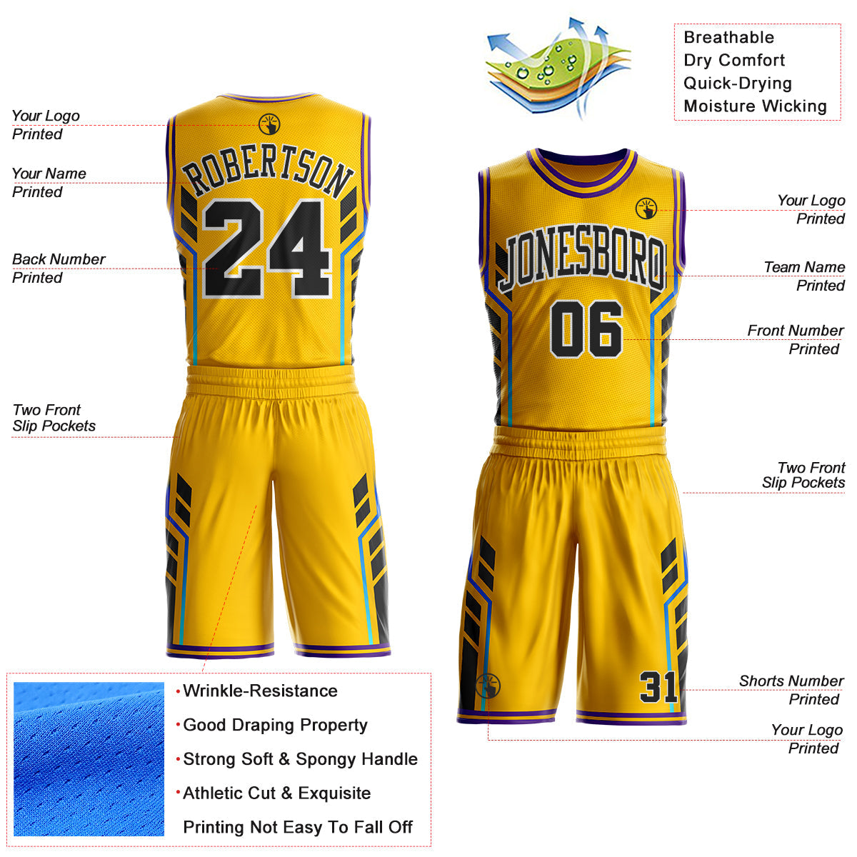 Custom Yellow Black White-Purple Geometric Side Stripe Gradient Round Neck Sublimation Basketball Uniform Jersey view 2