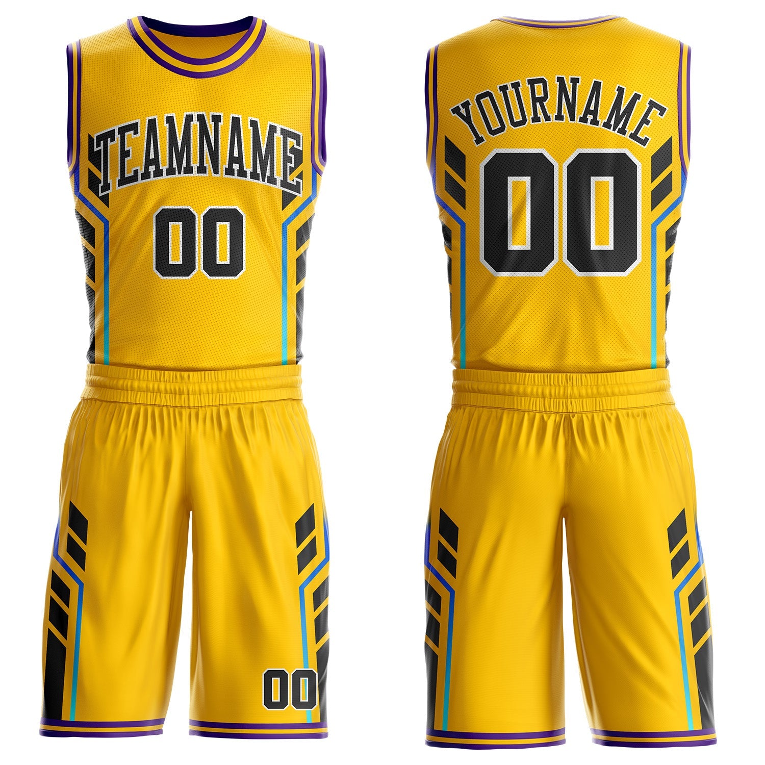 Custom Yellow Black White-Purple Geometric Side Stripe Gradient Round Neck Sublimation Basketball Uniform Jersey - Main View