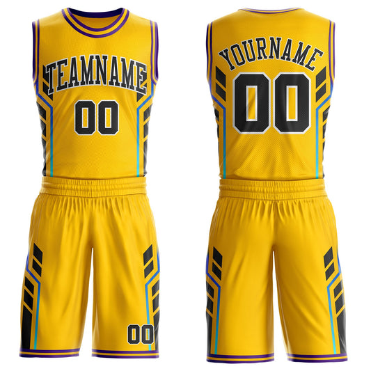 Custom Yellow Black White-Purple Geometric Side Stripe Gradient Round Neck Sublimation Basketball Uniform Jersey - Main View