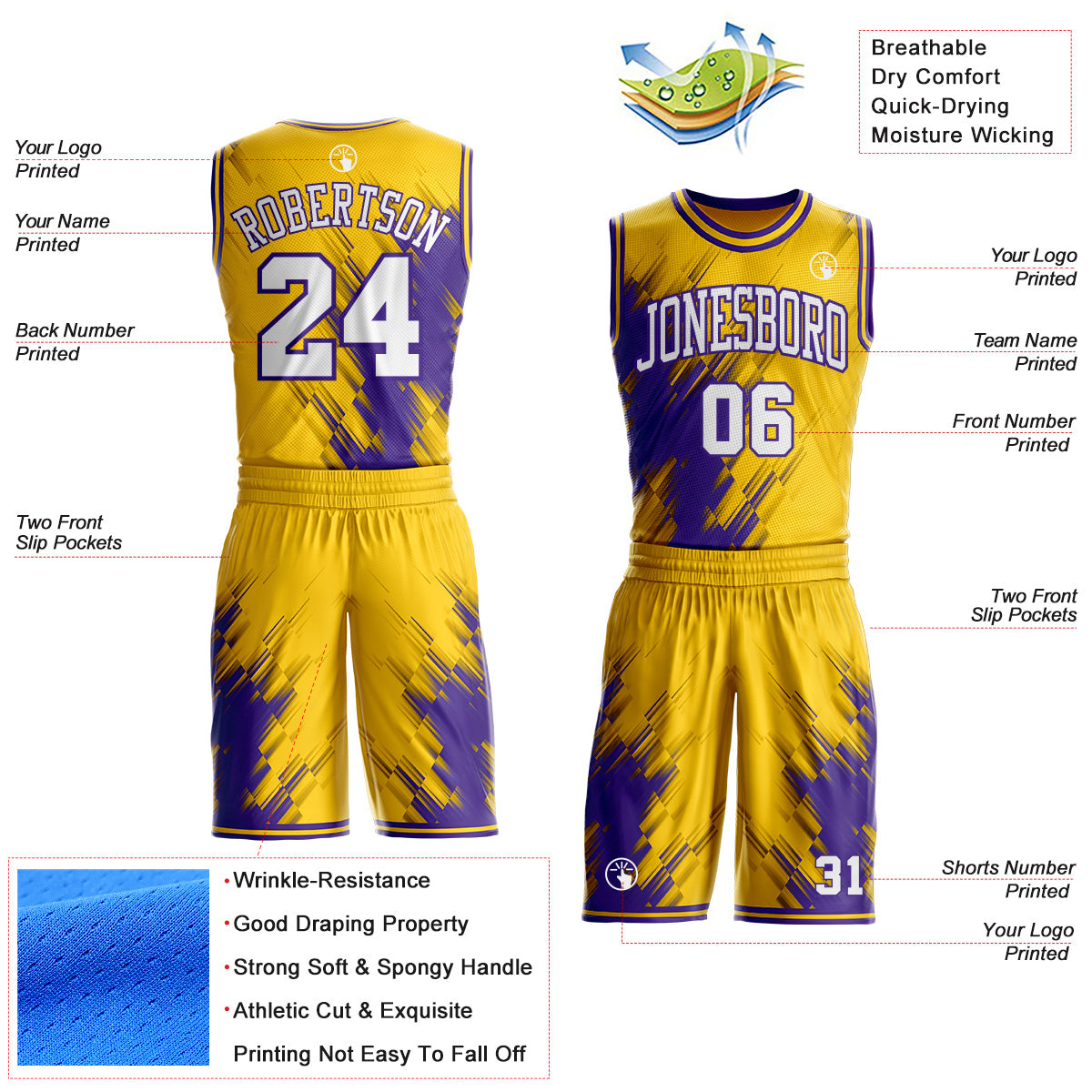 Custom Yellow White-Purple Brush Stroke Geometric Round Neck Sublimation Basketball Uniform Jersey view 2