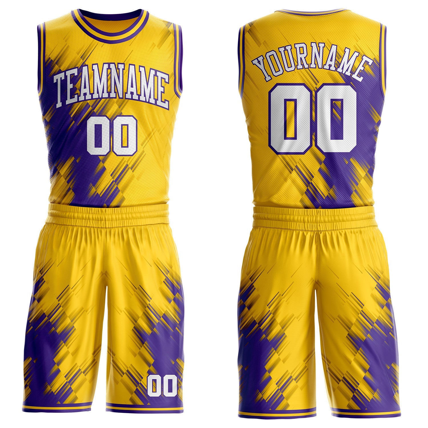 Custom Yellow White-Purple Brush Stroke Geometric Round Neck Sublimation Basketball Uniform Jersey - Main View