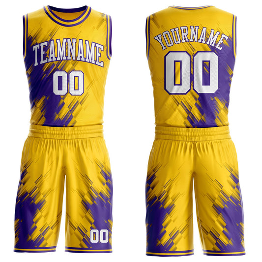 Custom Yellow White-Purple Brush Stroke Geometric Round Neck Sublimation Basketball Uniform Jersey - Main View