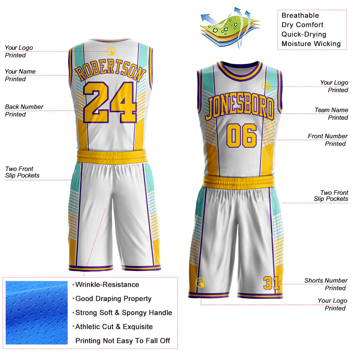 Custom White Yellow Lakes Blue-Purple Geometric Stripe Round Neck Sublimation Basketball Uniform Jersey view 2