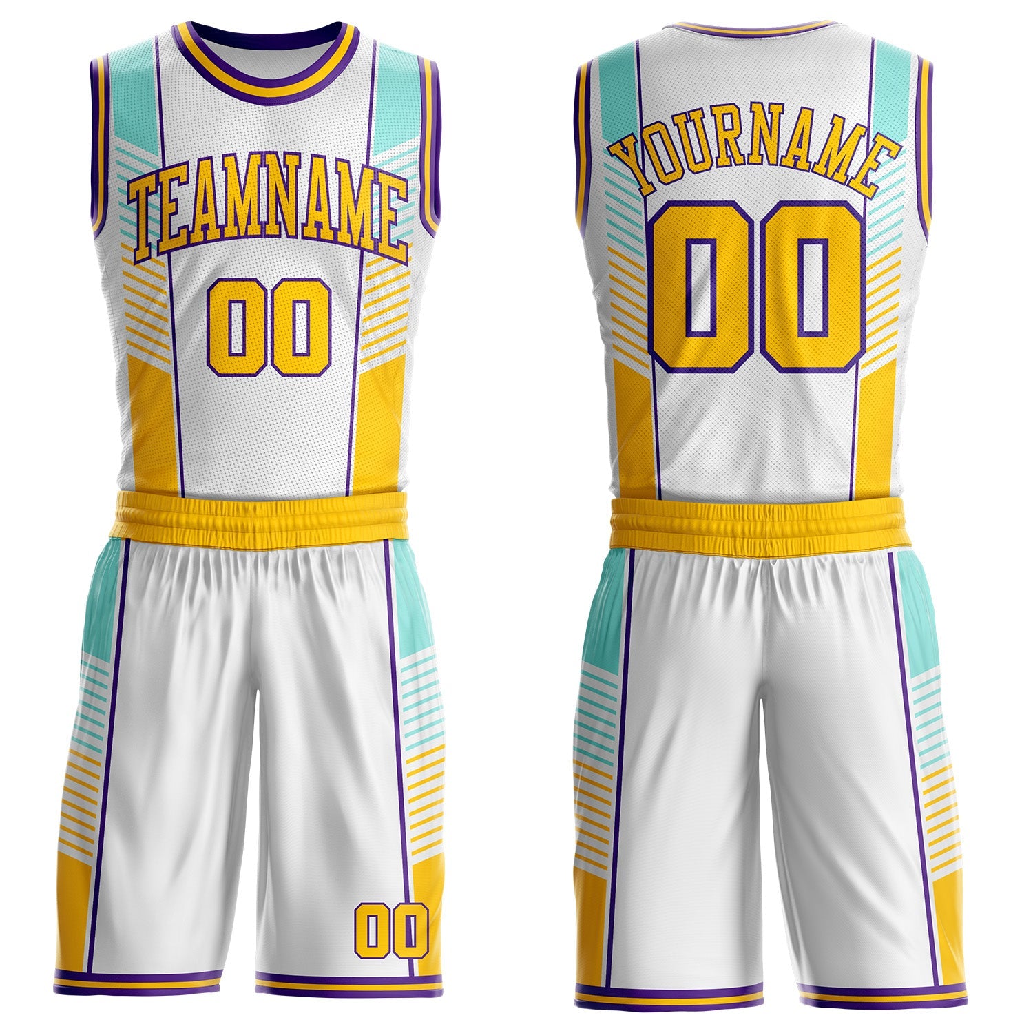 Custom White Yellow Lakes Blue-Purple Geometric Stripe Round Neck Sublimation Basketball Uniform Jersey - Main View