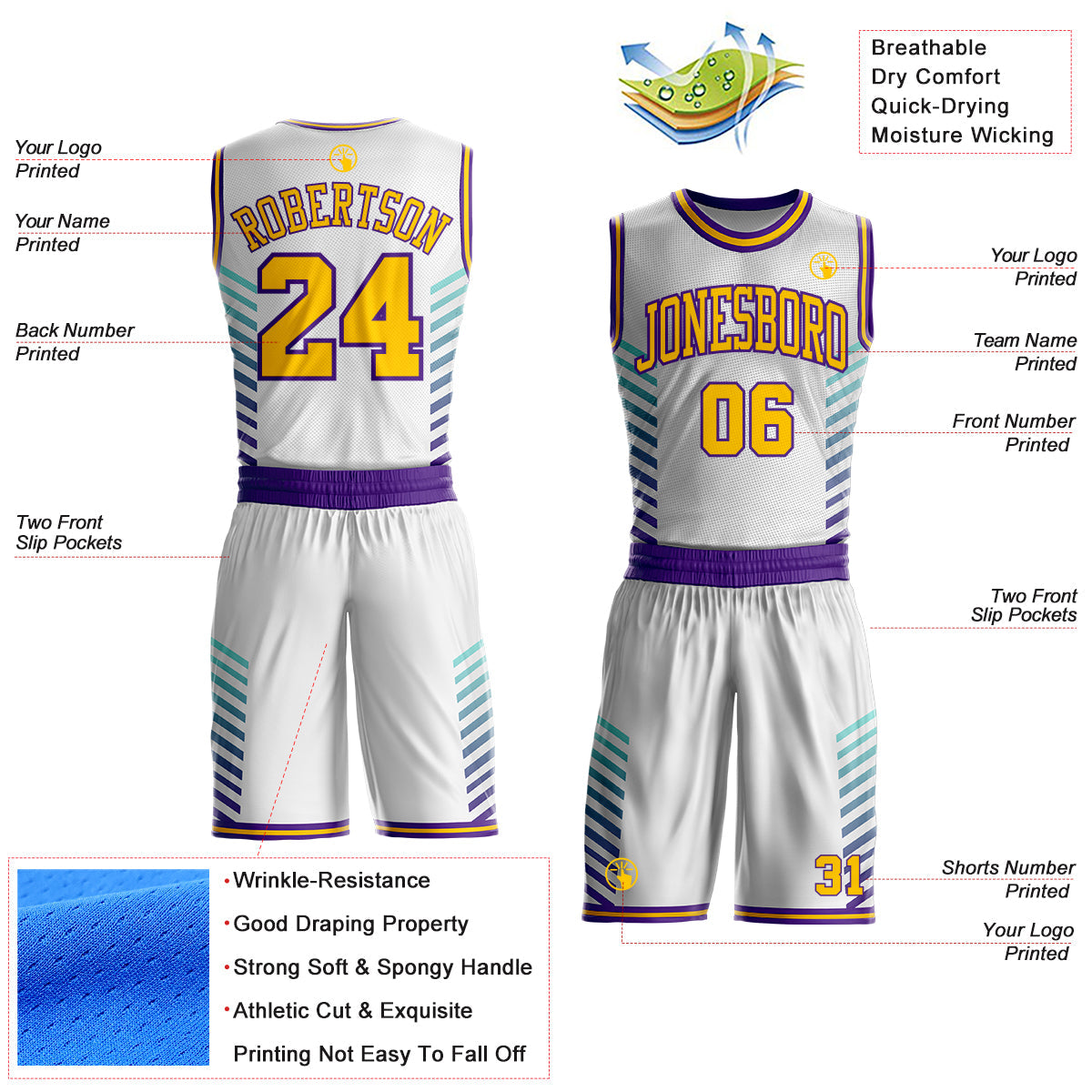Custom White Yellow Purple-Lakes Blue Geometric Stripe Round Neck Sublimation Basketball Uniform Jersey view 2