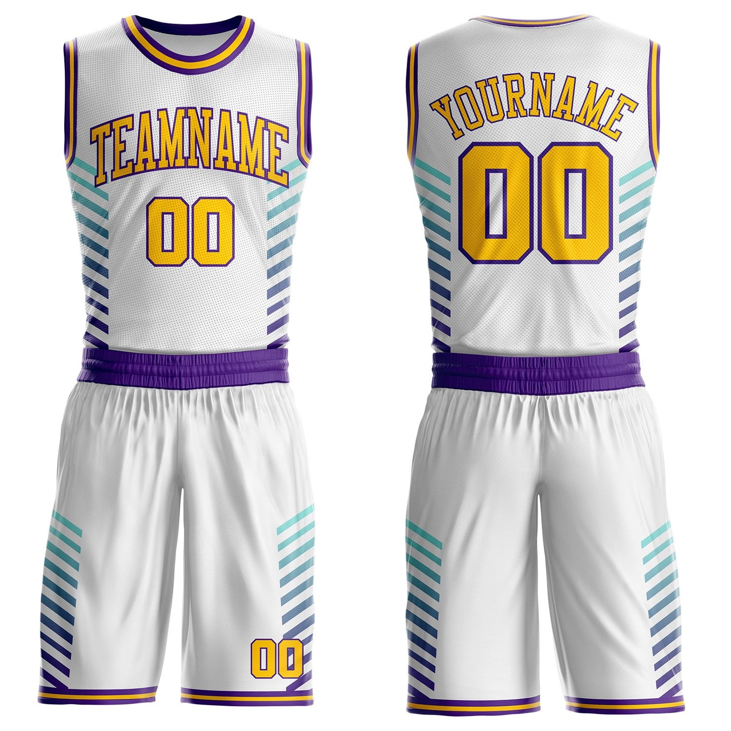 Custom White Yellow Purple-Lakes Blue Geometric Stripe Round Neck Sublimation Basketball Uniform Jersey - Main View