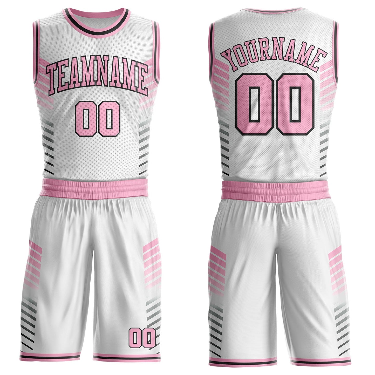 Custom White Light Pink-Black Geometric Stripe Round Neck Sublimation Basketball Uniform Jersey - Main View