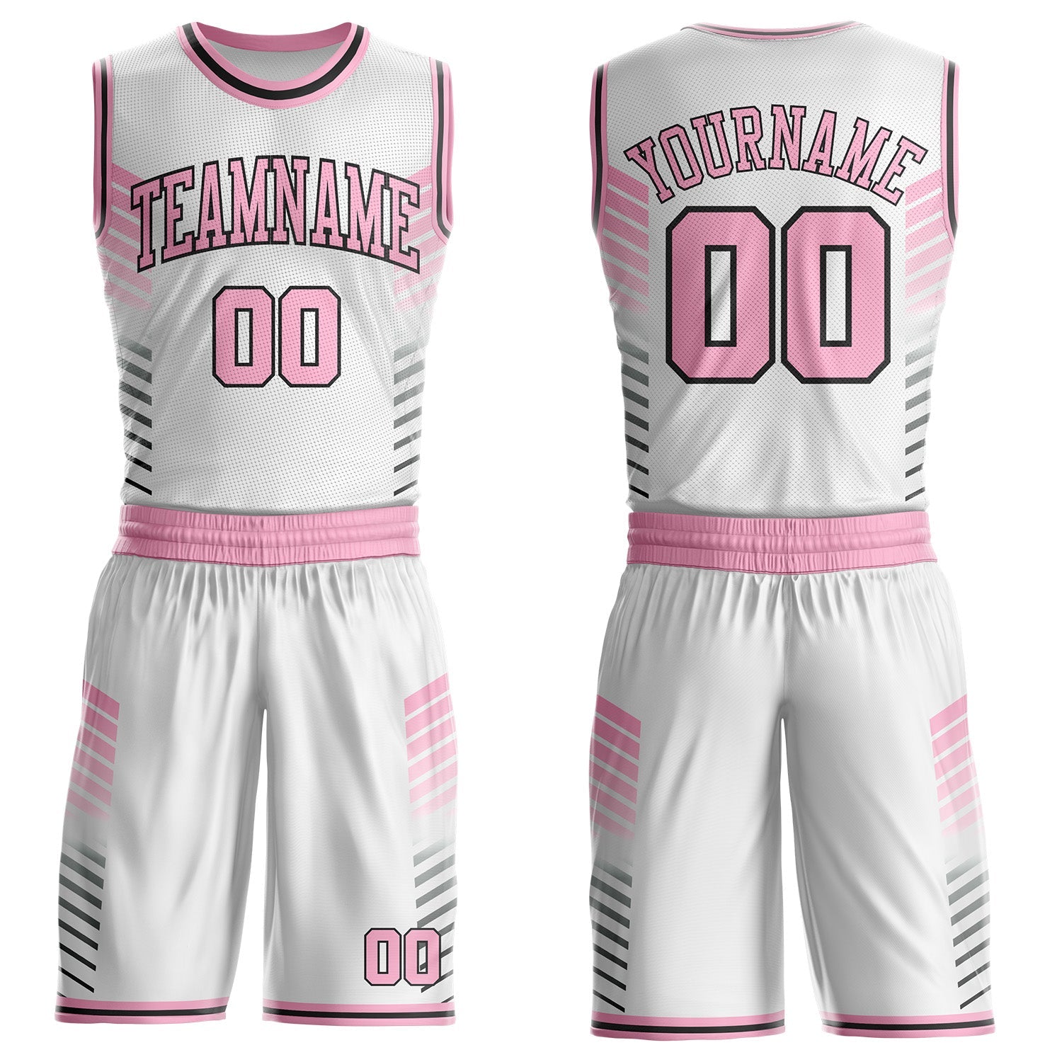 Custom White Light Pink-Black Geometric Stripe Round Neck Sublimation Basketball Uniform Jersey - Main View