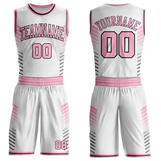 Custom White Light Pink-Black Geometric Stripe Round Neck Sublimation Basketball Uniform Jersey - Main View
