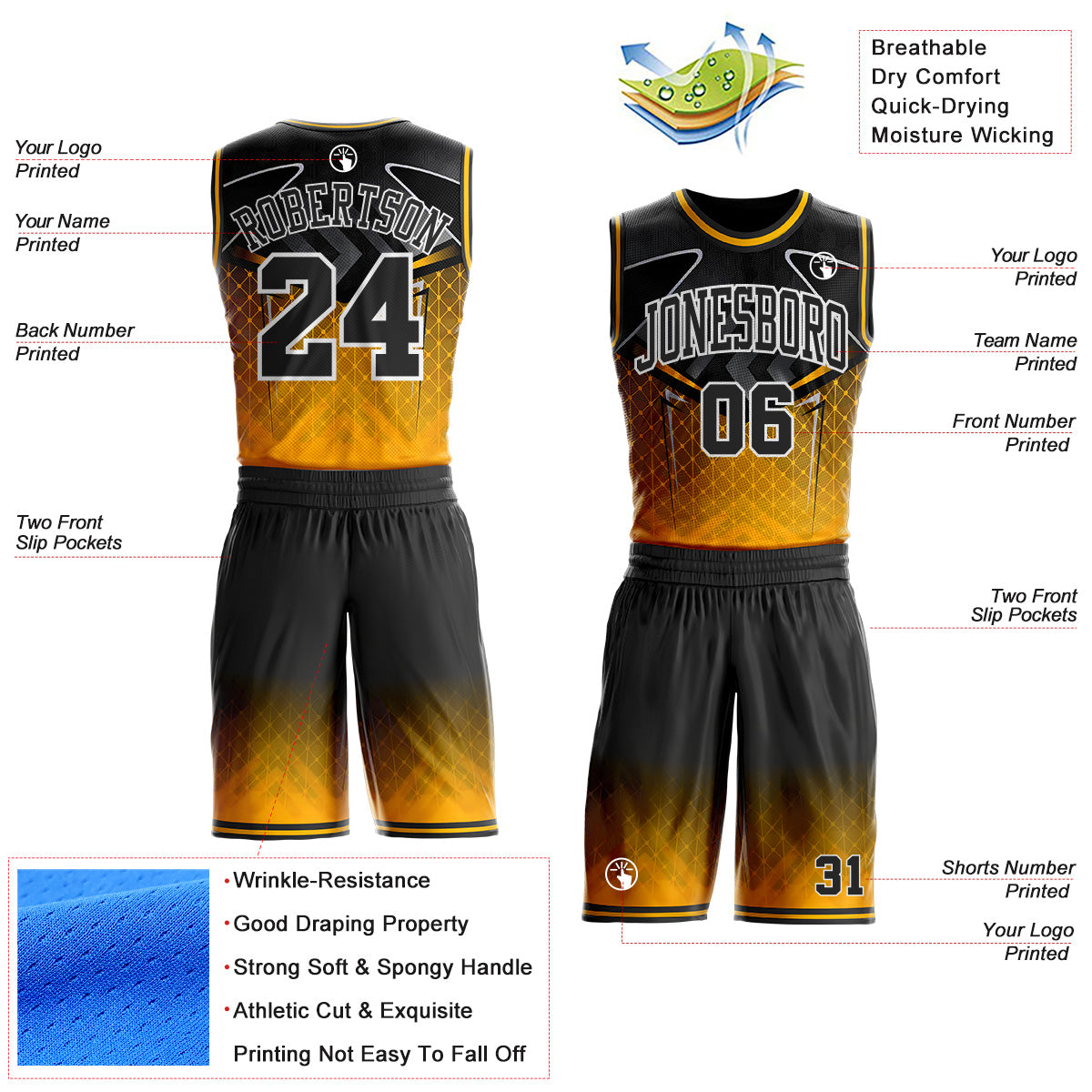 Custom Black Gold-White Geometric Diamond Gradient Round Neck Sublimation Basketball Uniform Jersey view 2