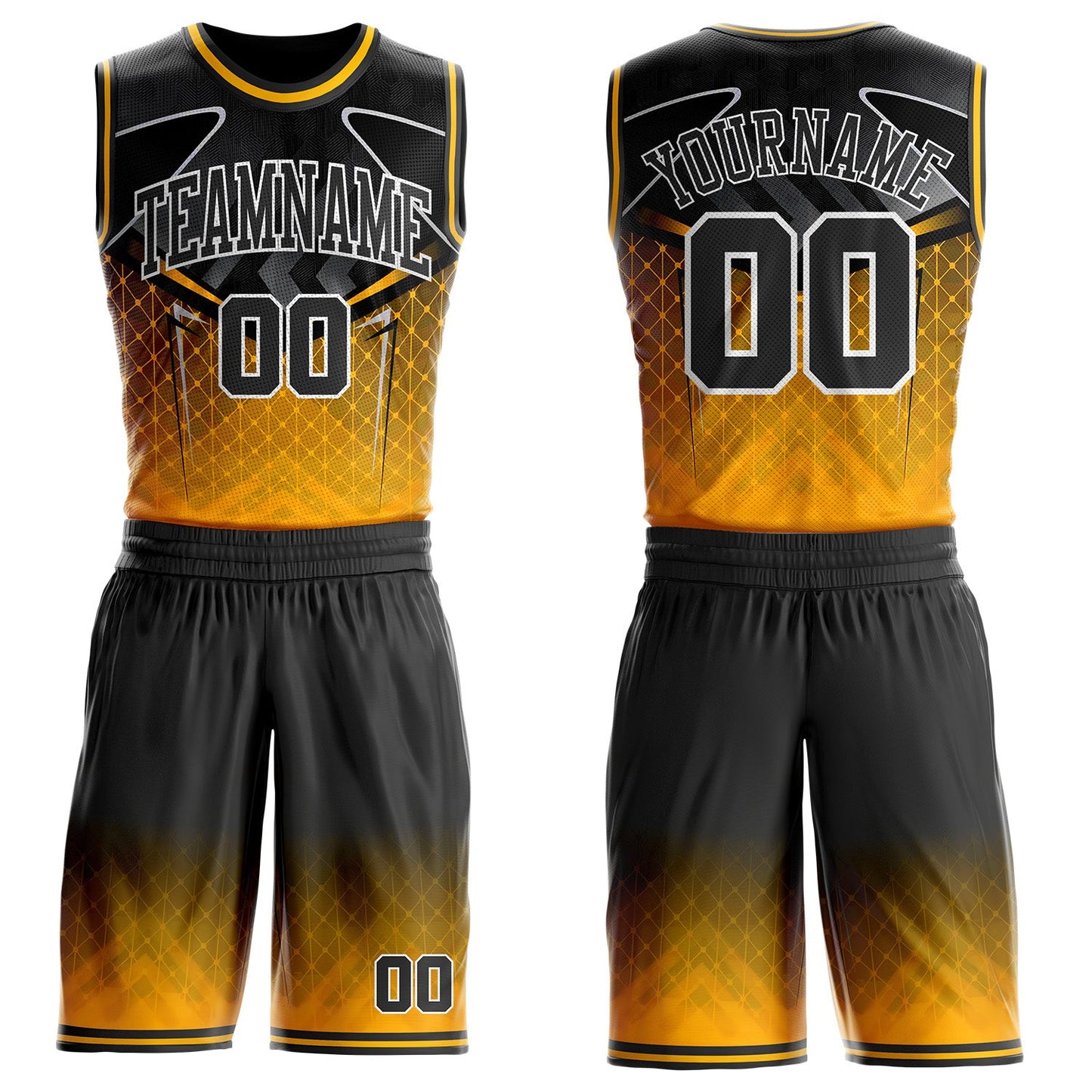 Custom Black Gold-White Geometric Diamond Gradient Round Neck Sublimation Basketball Uniform Jersey - Main View