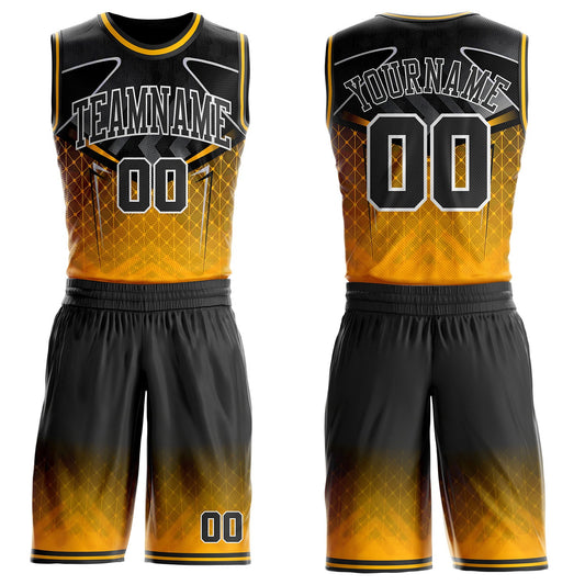 Custom Black Gold-White Geometric Diamond Gradient Round Neck Sublimation Basketball Uniform Jersey - Main View
