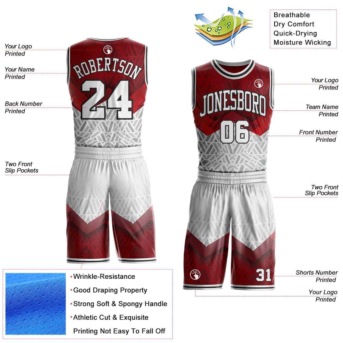 Custom Red White-Black Geometric Triangle Gradient Round Neck Sublimation Basketball Uniform Jersey view 2