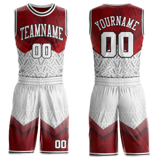 Custom Red White-Black Geometric Triangle Gradient Round Neck Sublimation Basketball Uniform Jersey - Main View