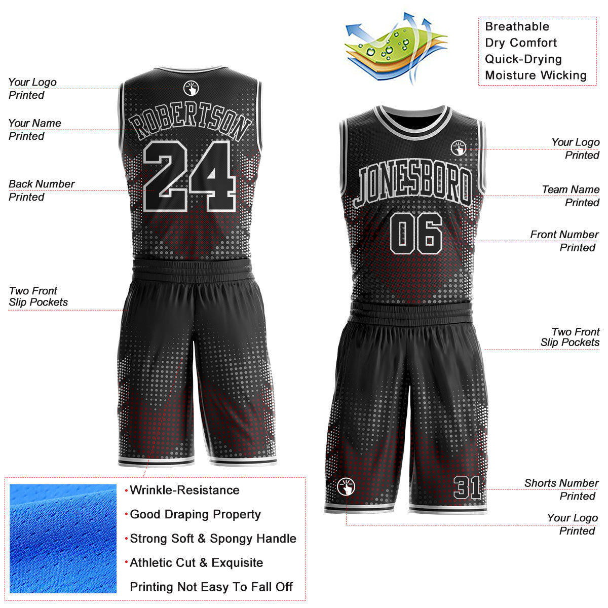 Custom Black-White Dot Gradient Round Neck Sublimation Basketball Uniform Jersey view 2