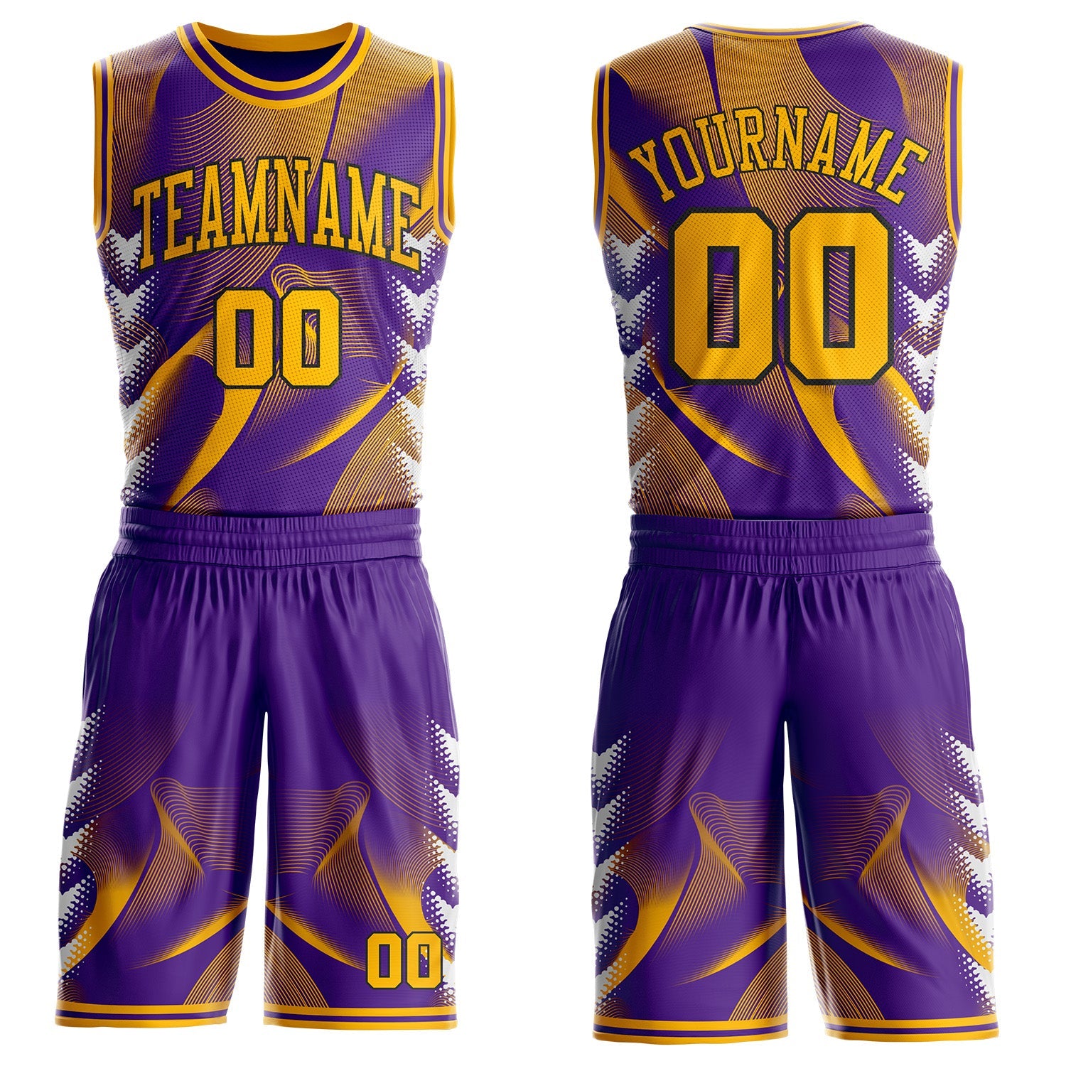Custom Purple Gold-Black Wave Gradient Dot Round Neck Sublimation Basketball Uniform Jersey - Main View