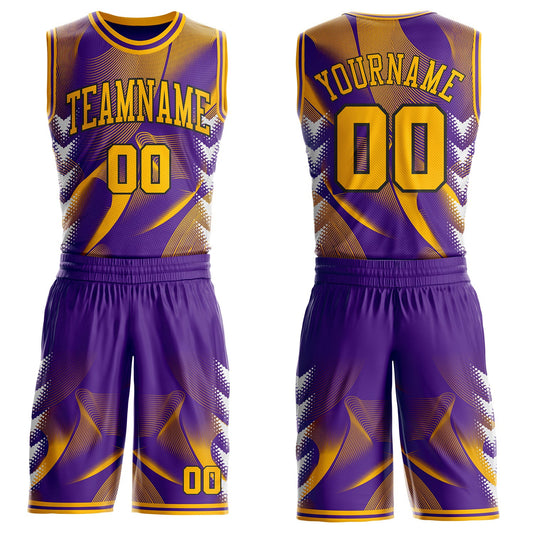 Custom Purple Gold-Black Wave Gradient Dot Round Neck Sublimation Basketball Uniform Jersey - Main View