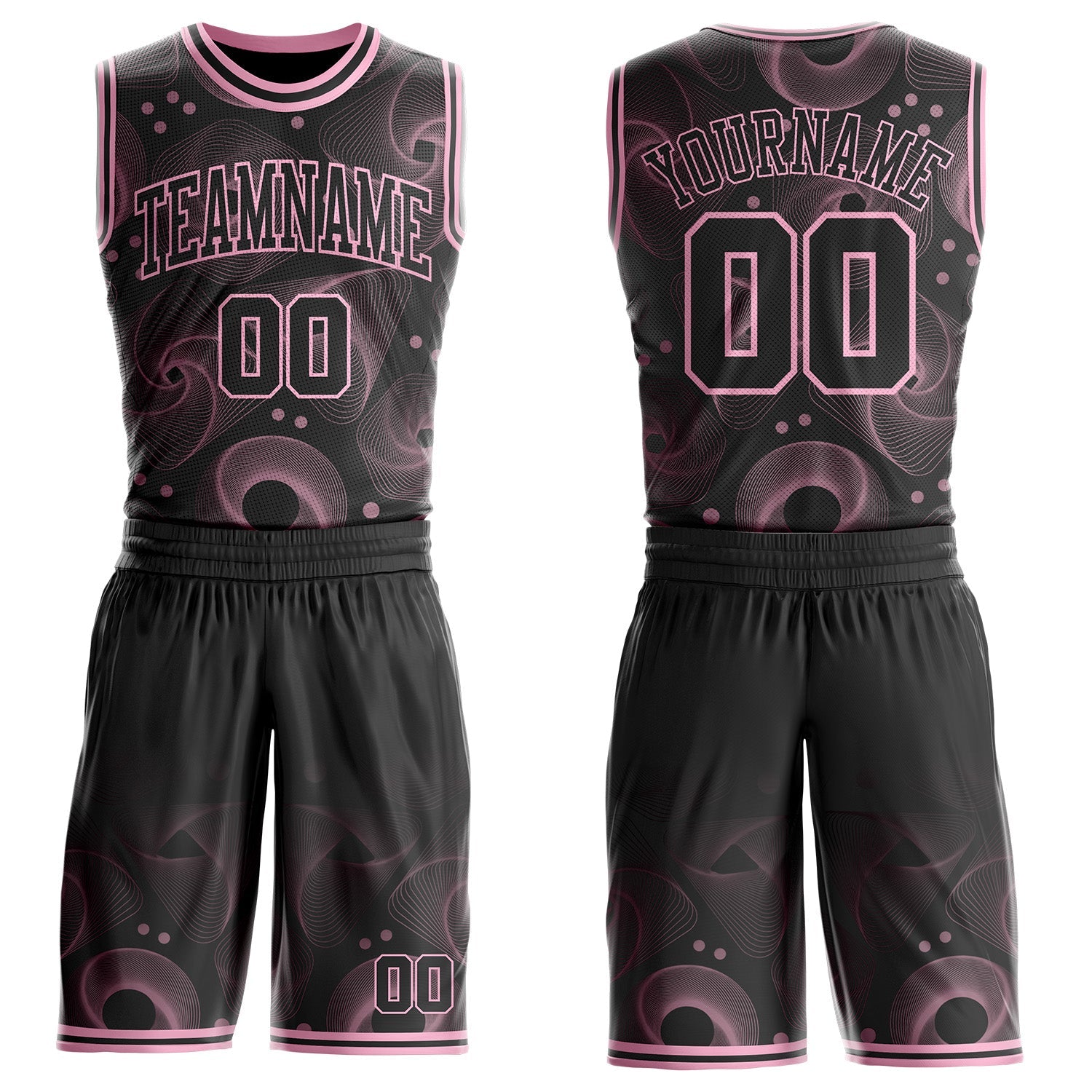 Custom Black-Light Pink Geometric Swirl Wave Lines Round Neck Sublimation Basketball Uniform Jersey - Main View
