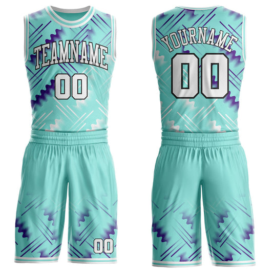 Custom Ice Blue White Purple-Black Geometric Wave Gradient Round Neck Sublimation Basketball Uniform Jersey - Main View