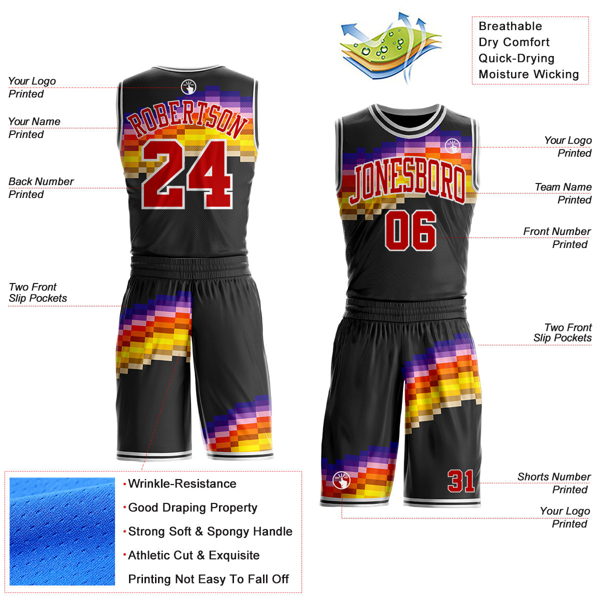 Custom Black Red Yellow Purple-White Sunset Pixel Gradient Round Neck Sublimation Basketball Uniform Jersey view 2