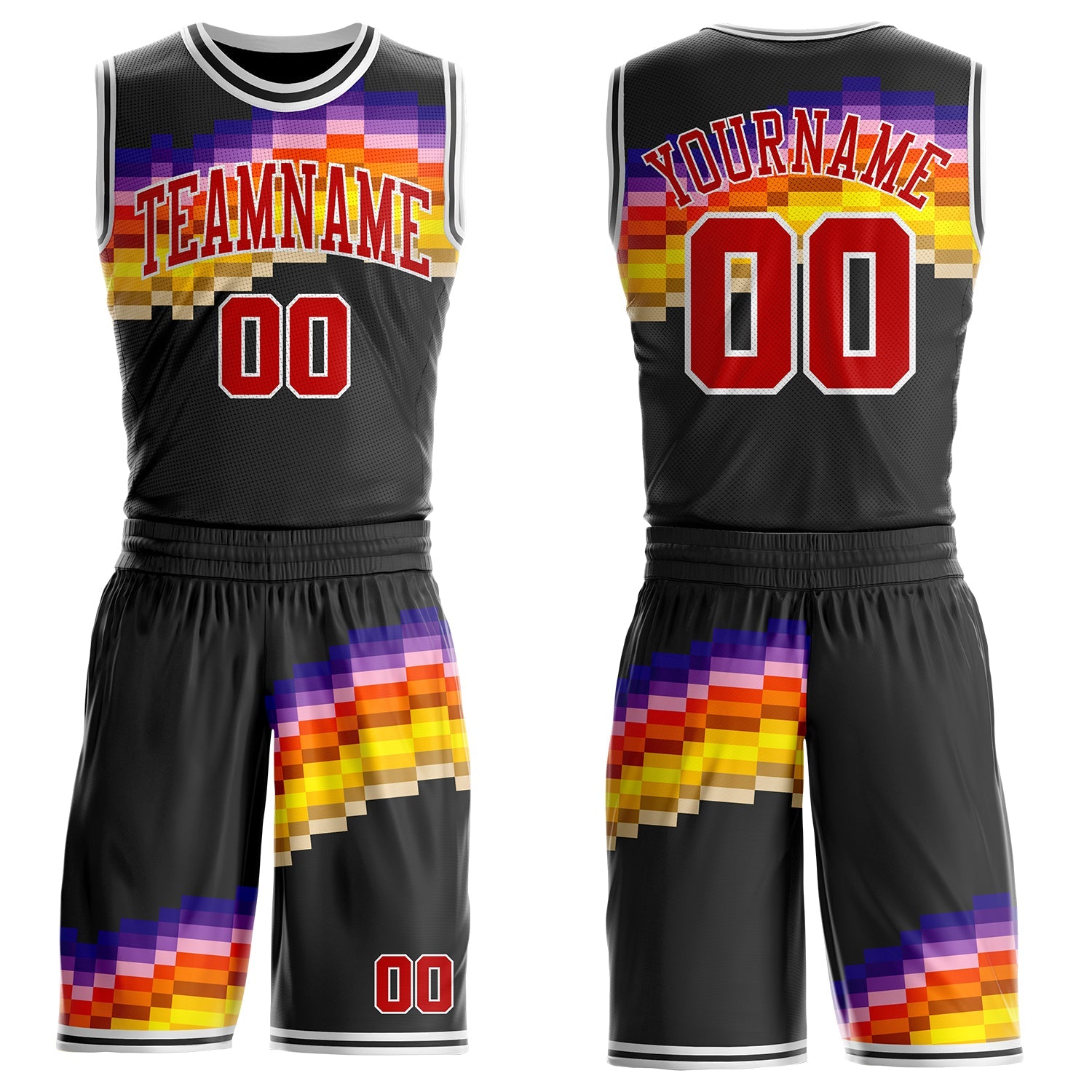 Custom Black Red Yellow Purple-White Sunset Pixel Gradient Round Neck Sublimation Basketball Uniform Jersey - Main View