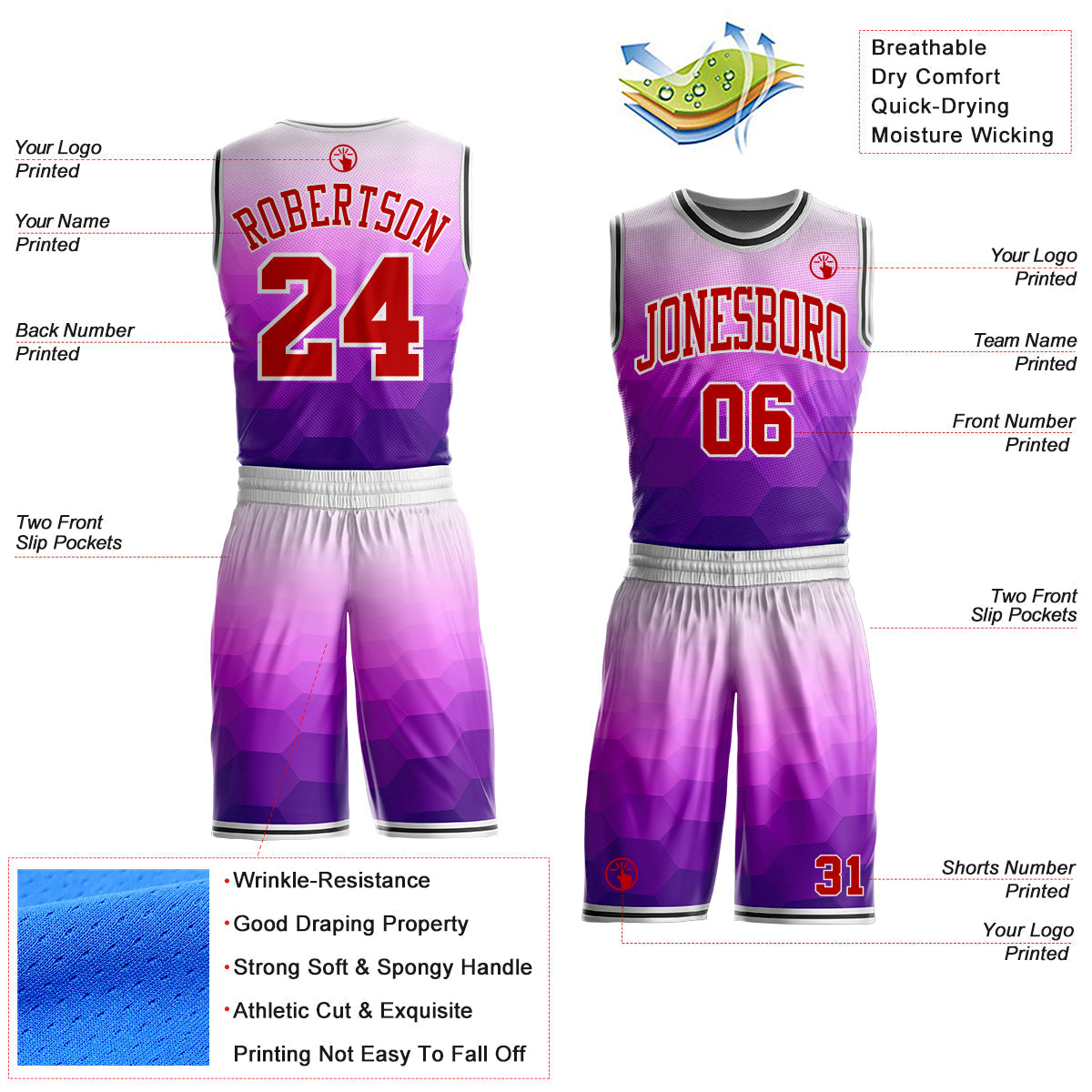 Custom Purple Red White-Black Hexagon Gradient Round Neck Sublimation Basketball Uniform Jersey view 2