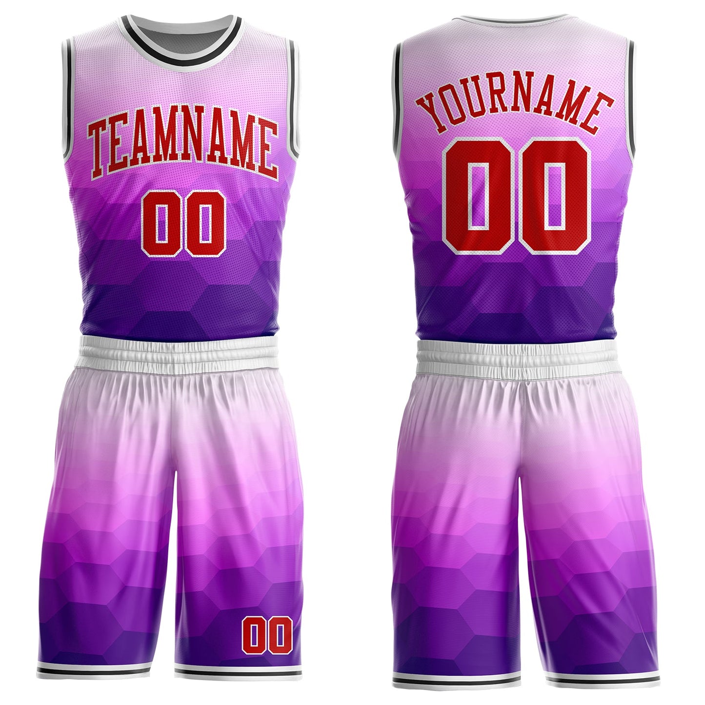 Custom Purple Red White-Black Hexagon Gradient Round Neck Sublimation Basketball Uniform Jersey - Main View