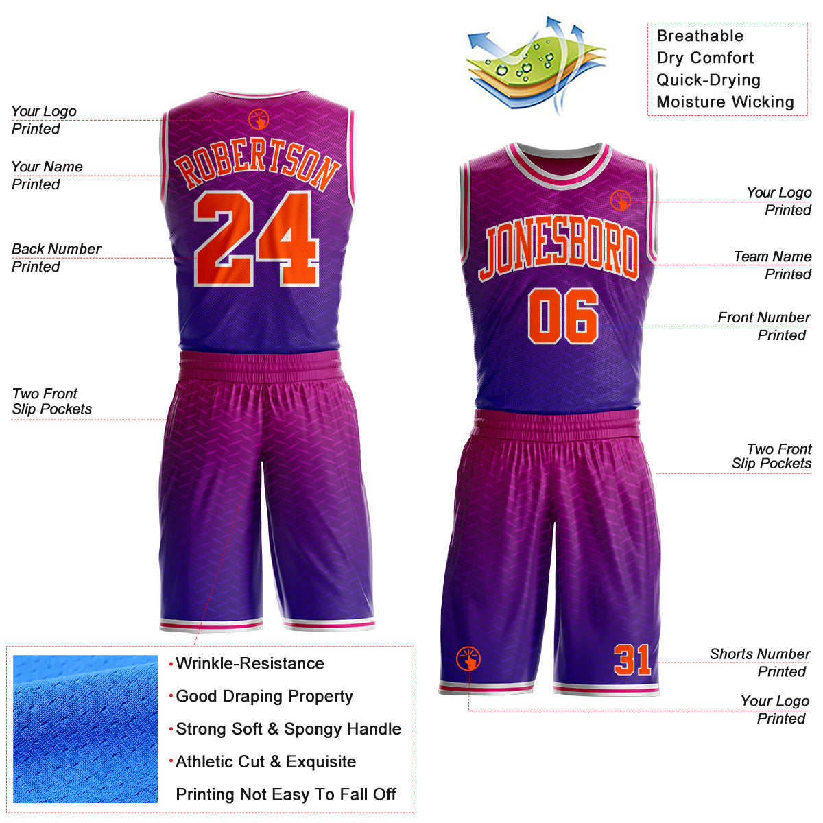 Custom Dark Purple Orange White-Hot Pink Diamond Texture Gradient Round Neck Sublimation Basketball Uniform Jersey view 2