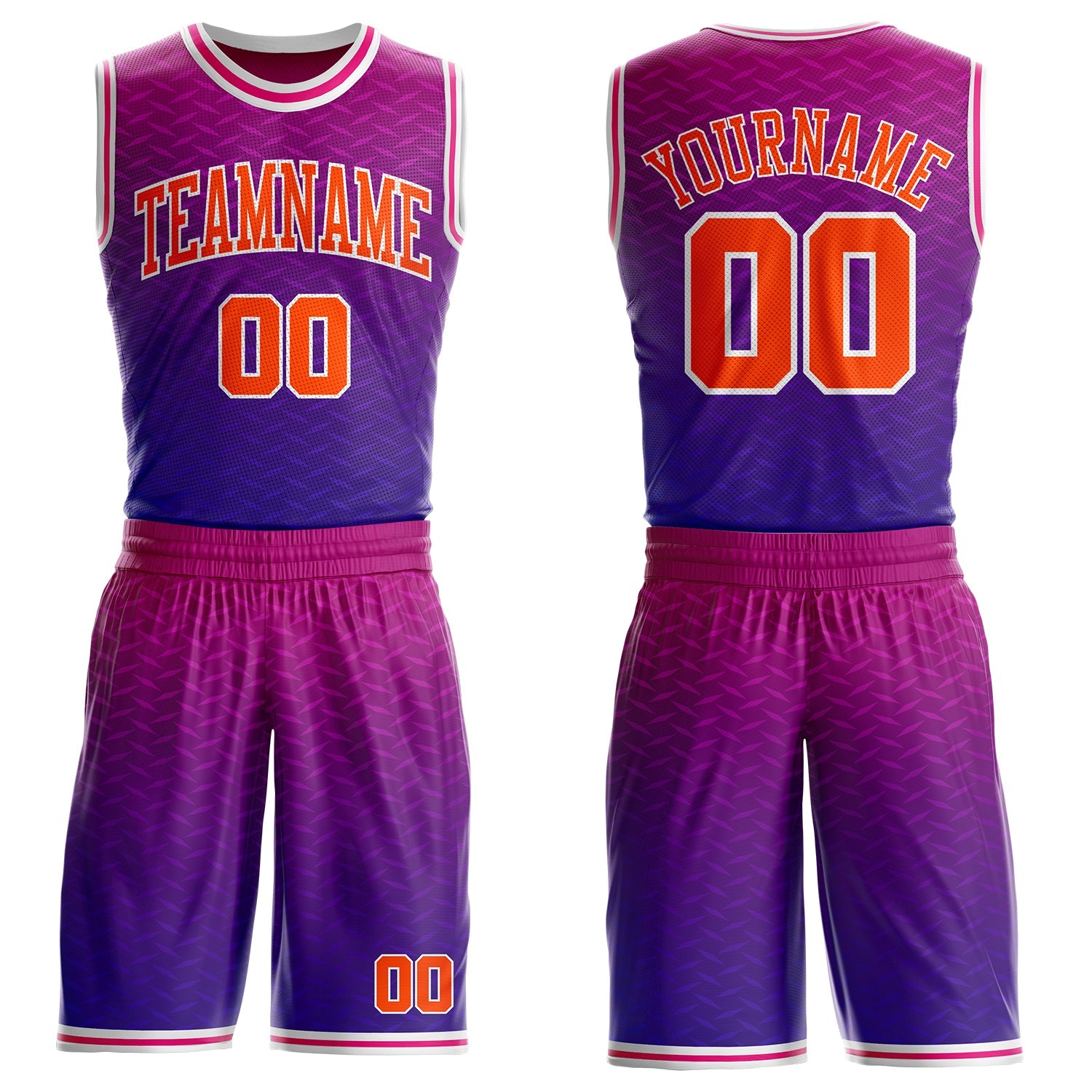 Custom Dark Purple Orange White-Hot Pink Diamond Texture Gradient Round Neck Sublimation Basketball Uniform Jersey - Main View