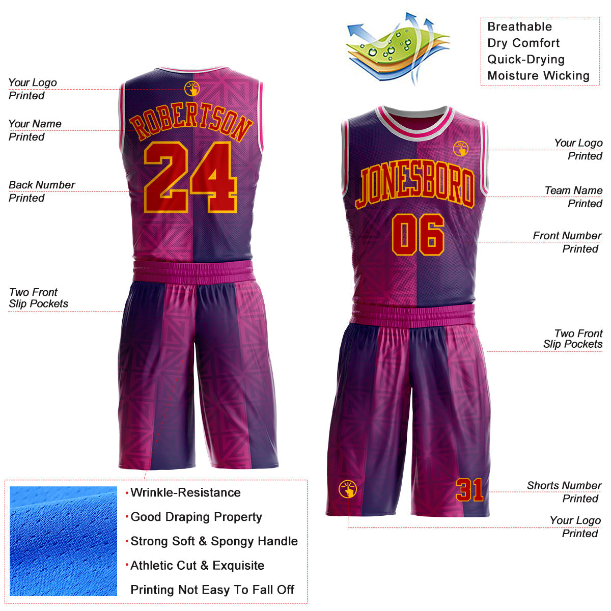 Custom Purple Red Hot Pink Gold-White Geometric Texture Gradient Round Neck Sublimation Basketball Uniform Jersey view 2