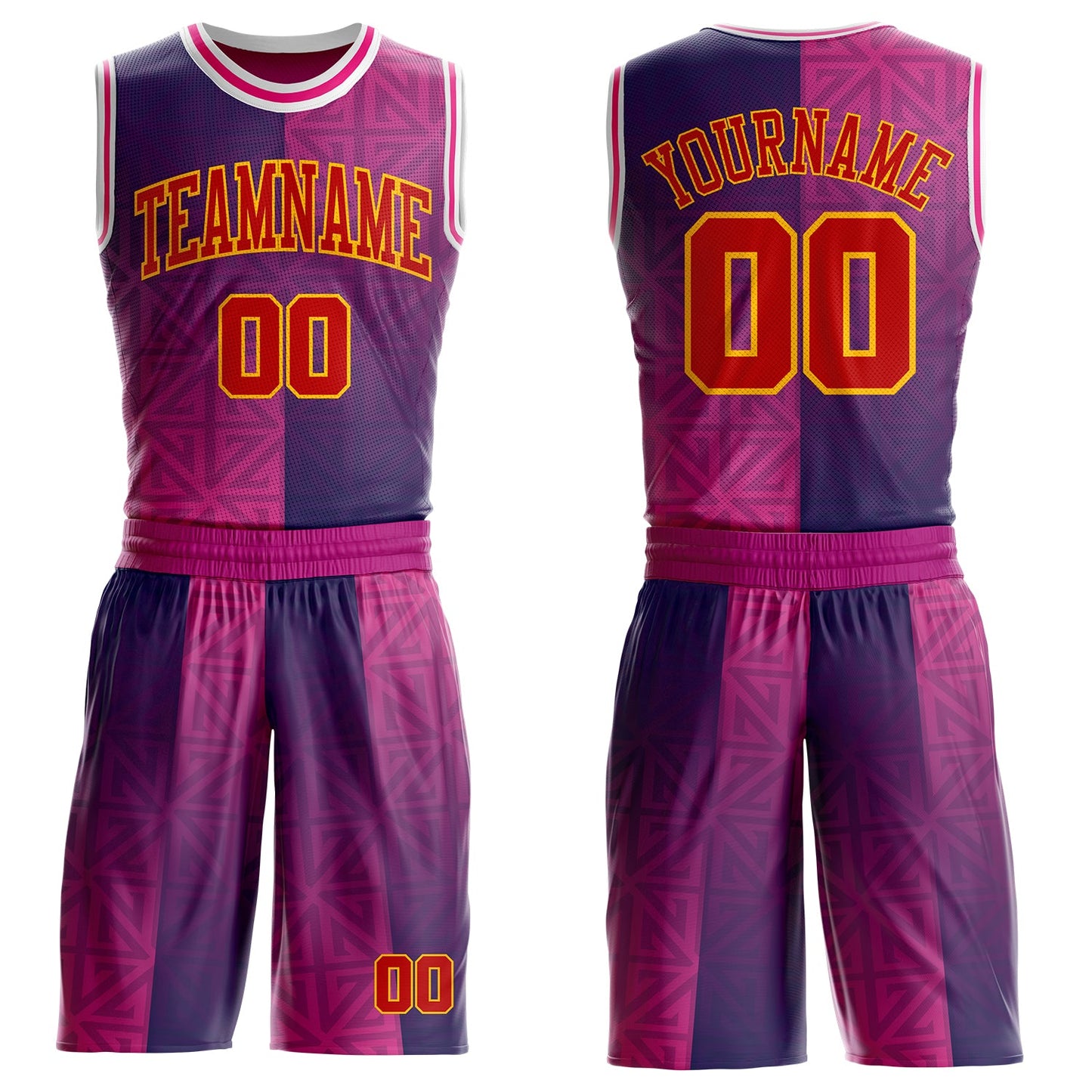 Custom Purple Red Hot Pink Gold-White Geometric Texture Gradient Round Neck Sublimation Basketball Uniform Jersey - Main View
