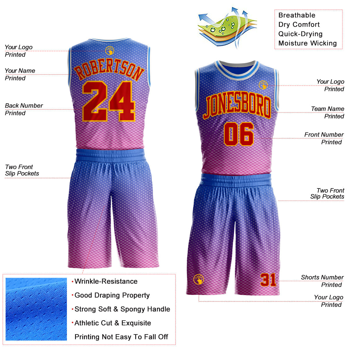 Custom Powder Blue Red Pink Gold-White Honeycomb Gradient Round Neck Sublimation Basketball Uniform Jersey view 2